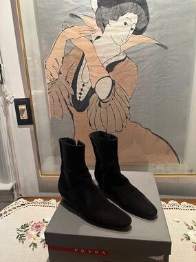 Prada Black Suede Ankle Boots